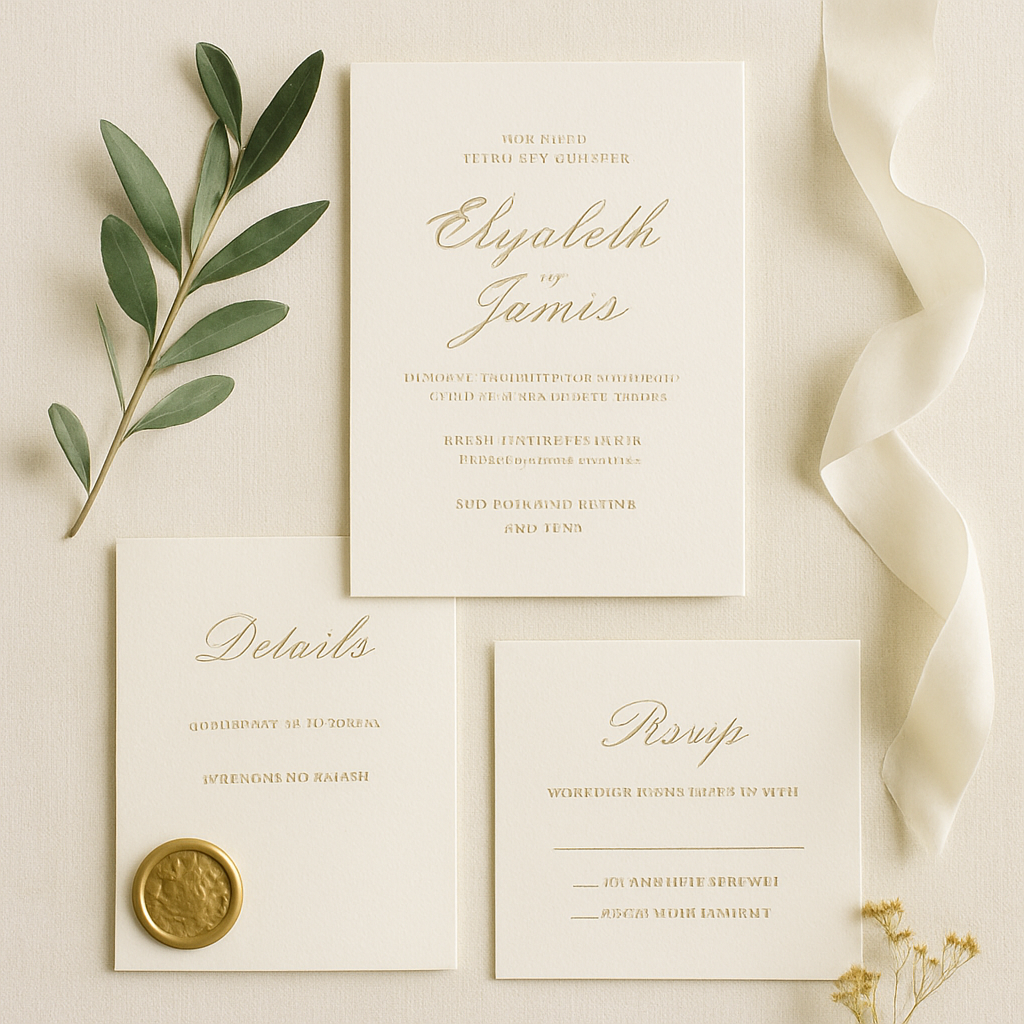 An elegant flat-lay of a luxury wedding invitation suite with gold foil and greenery