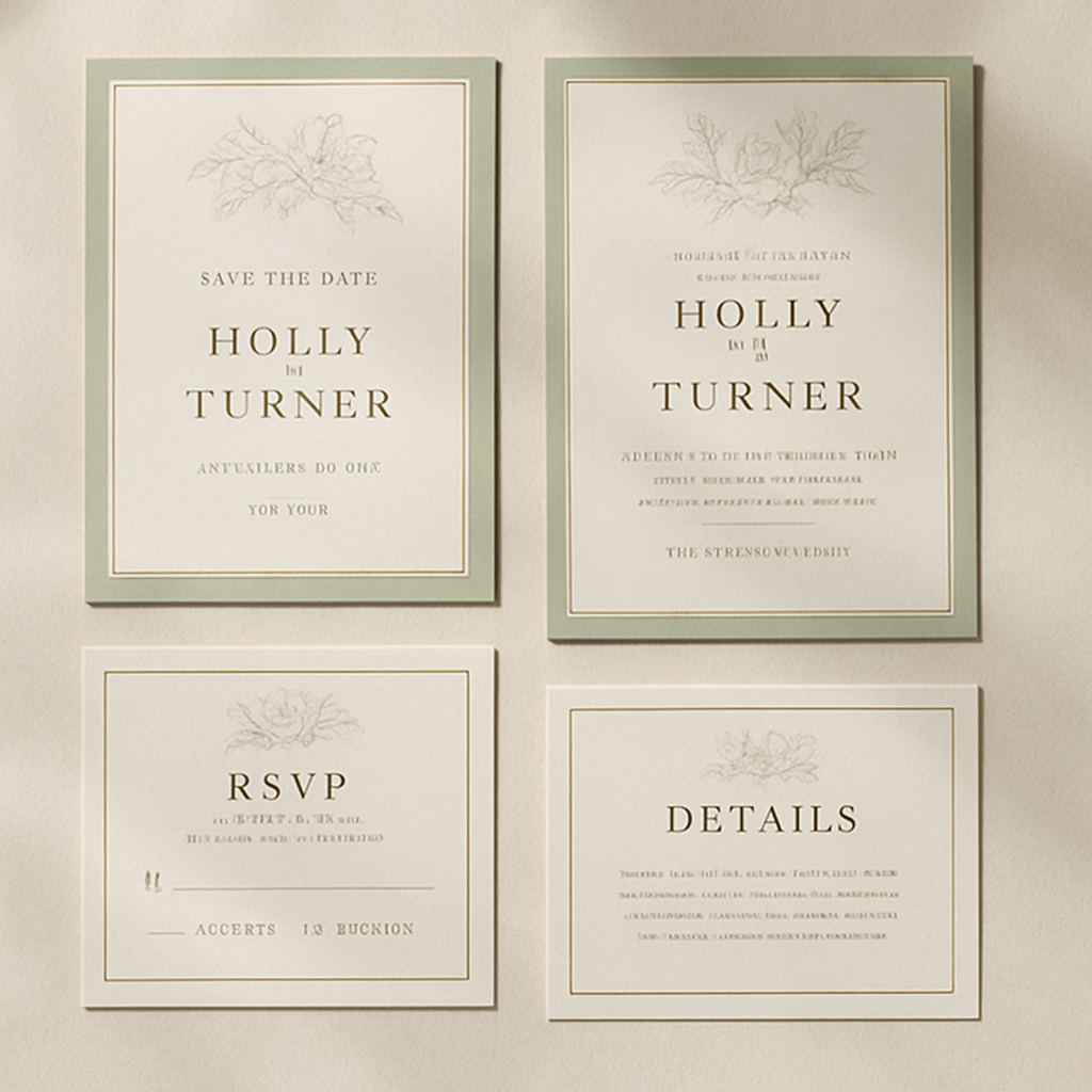 A complete printed wedding invitation suite with gold foil accents